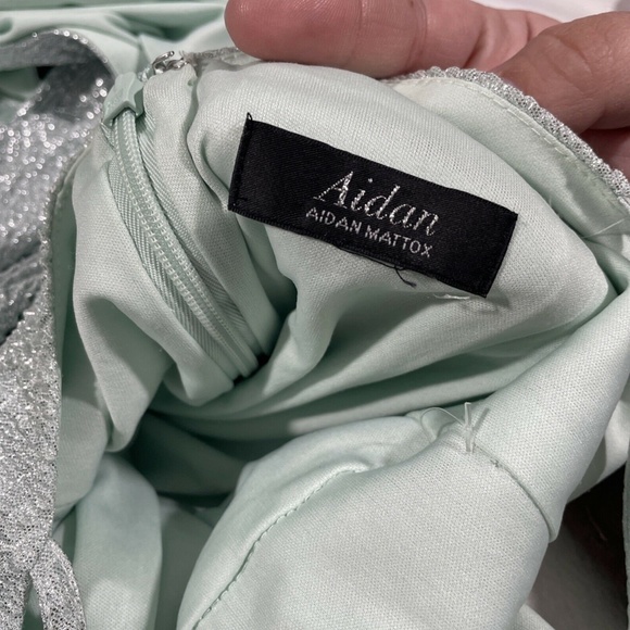 NWD Aidan by Aidan Mattox Metallic Textured Slit Gown in Celadon Silver - Picture 4 of 13